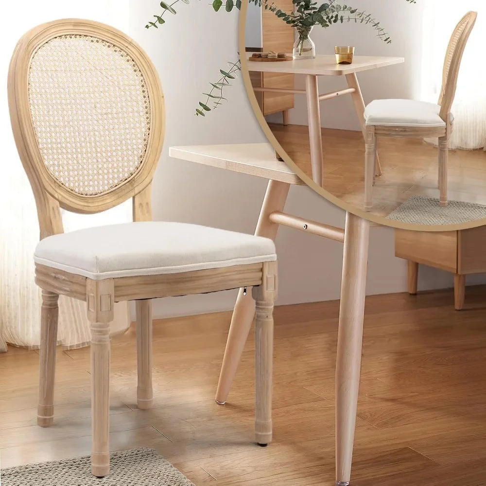 Dining Chairs Set of 6, Rattan Back Upholstered French Country