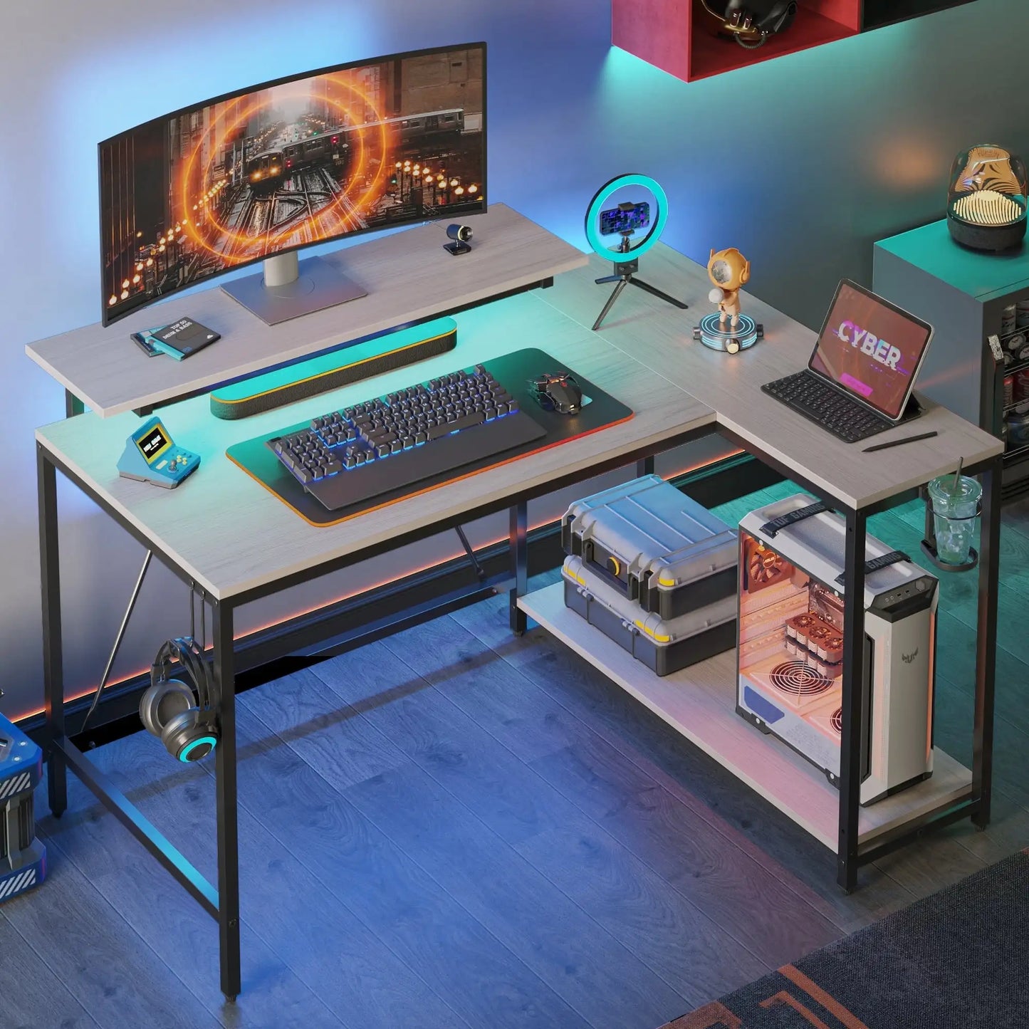 42" Reversible L-Shaped Gaming Desk with Monitor Stand