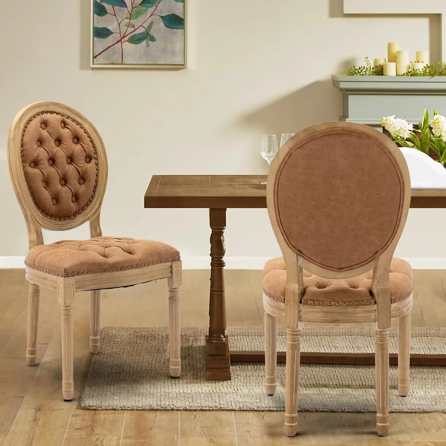 Dining Chairs Set of 6, Rattan Back Upholstered French Country