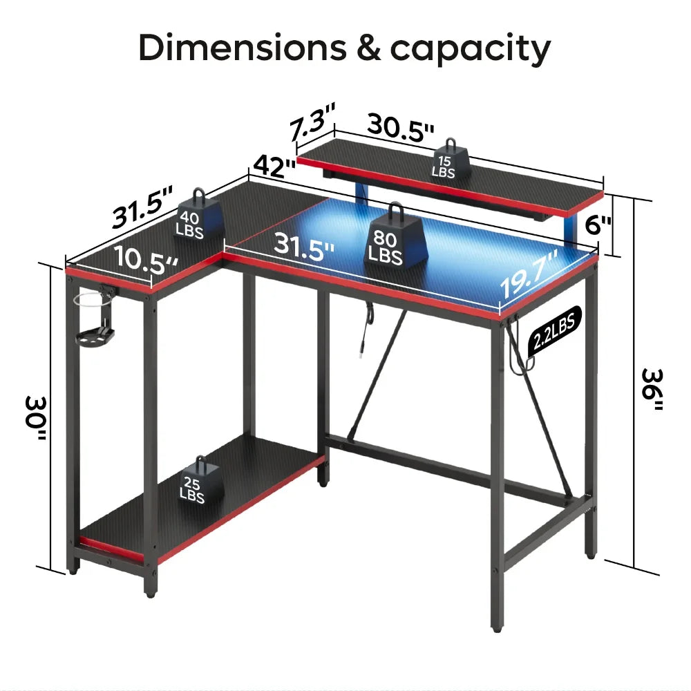 42" Reversible L-Shaped Gaming Desk with Monitor Stand