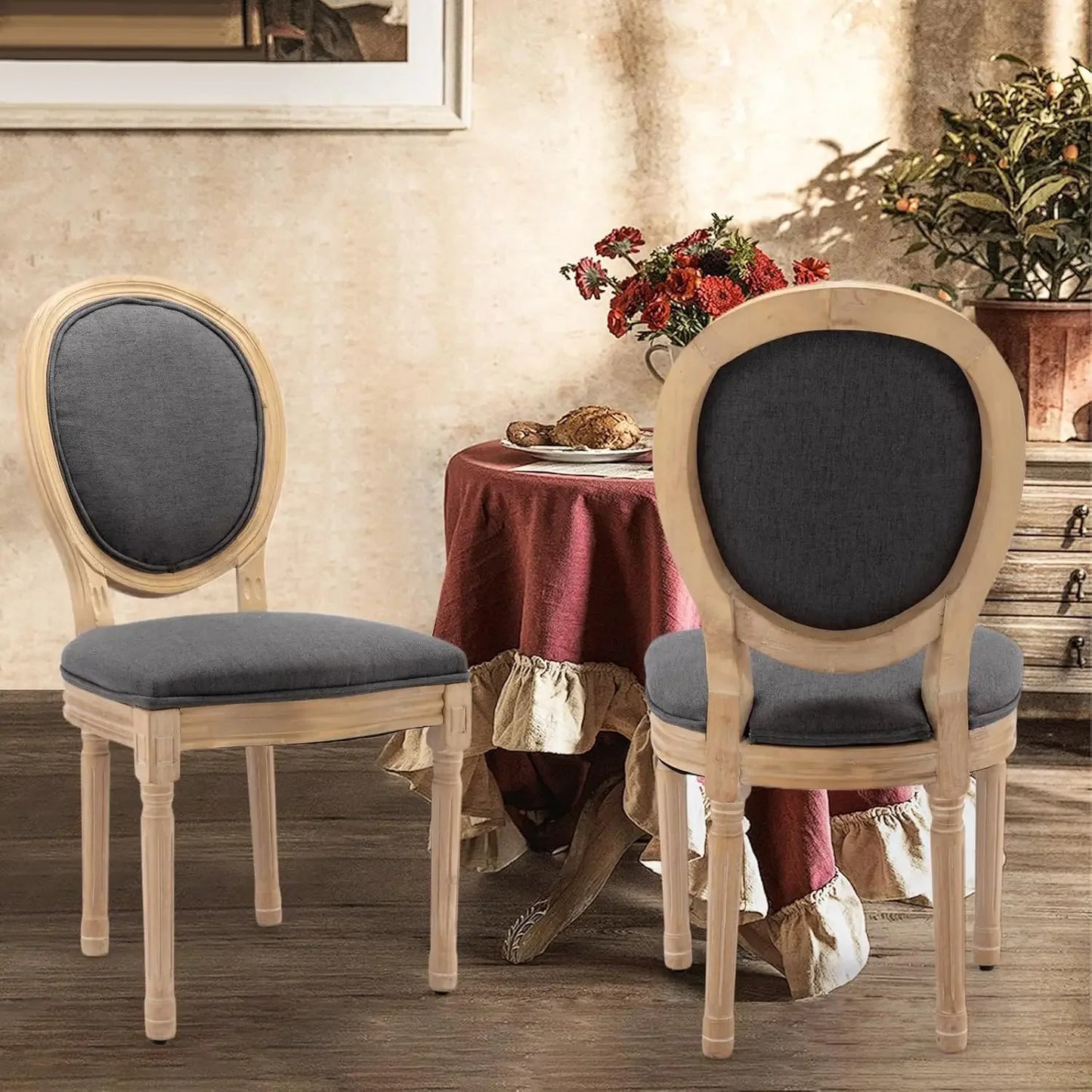 Dining Chairs Set of 6, Rattan Back Upholstered French Country