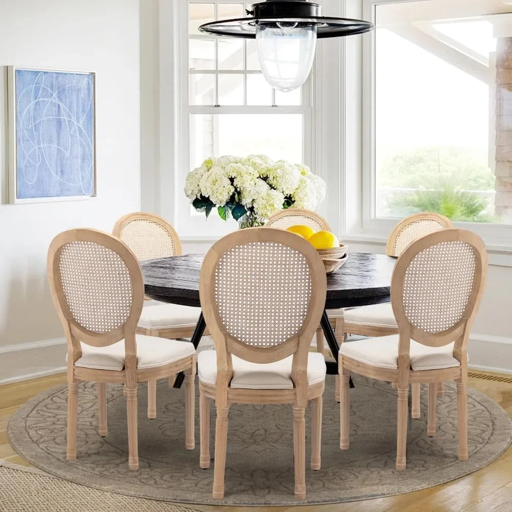 Dining Chairs Set of 6, Rattan Back Upholstered French Country