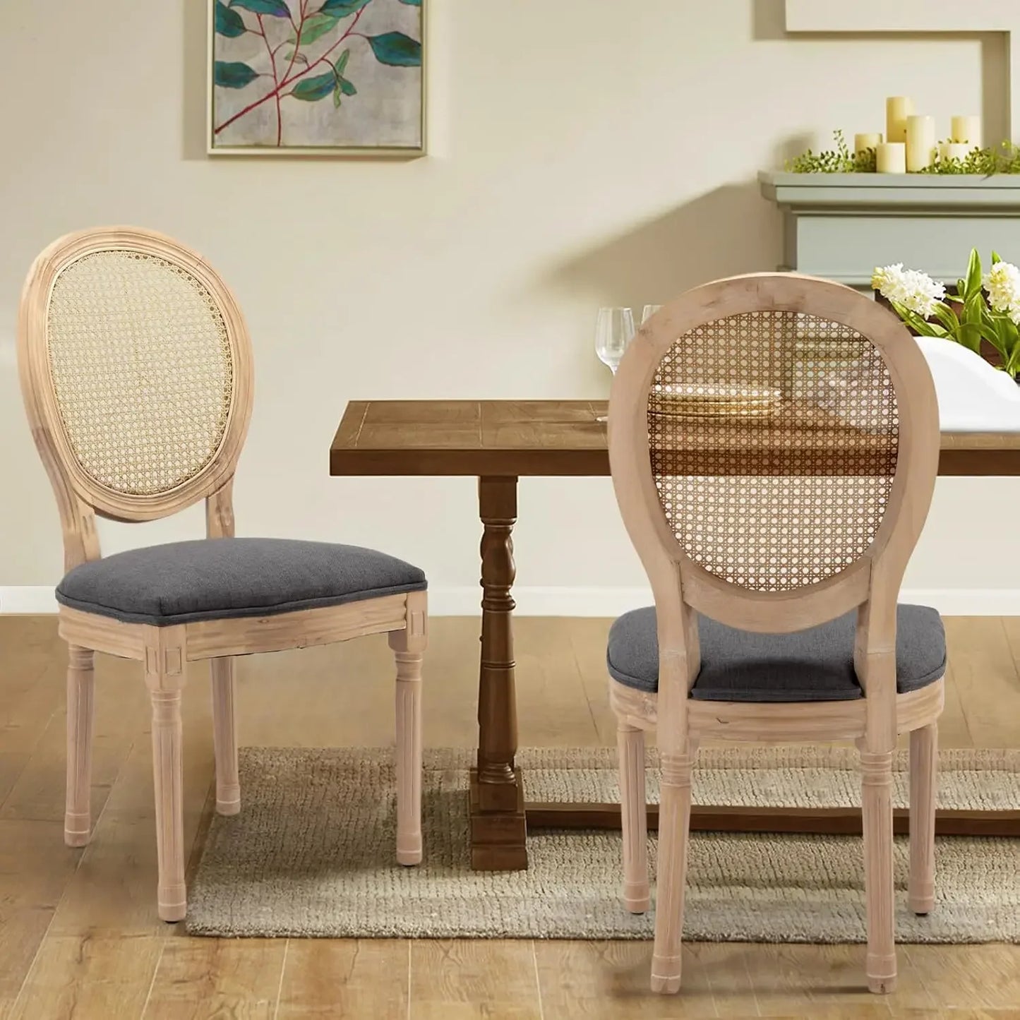 Dining Chairs Set of 6, Rattan Back Upholstered French Country