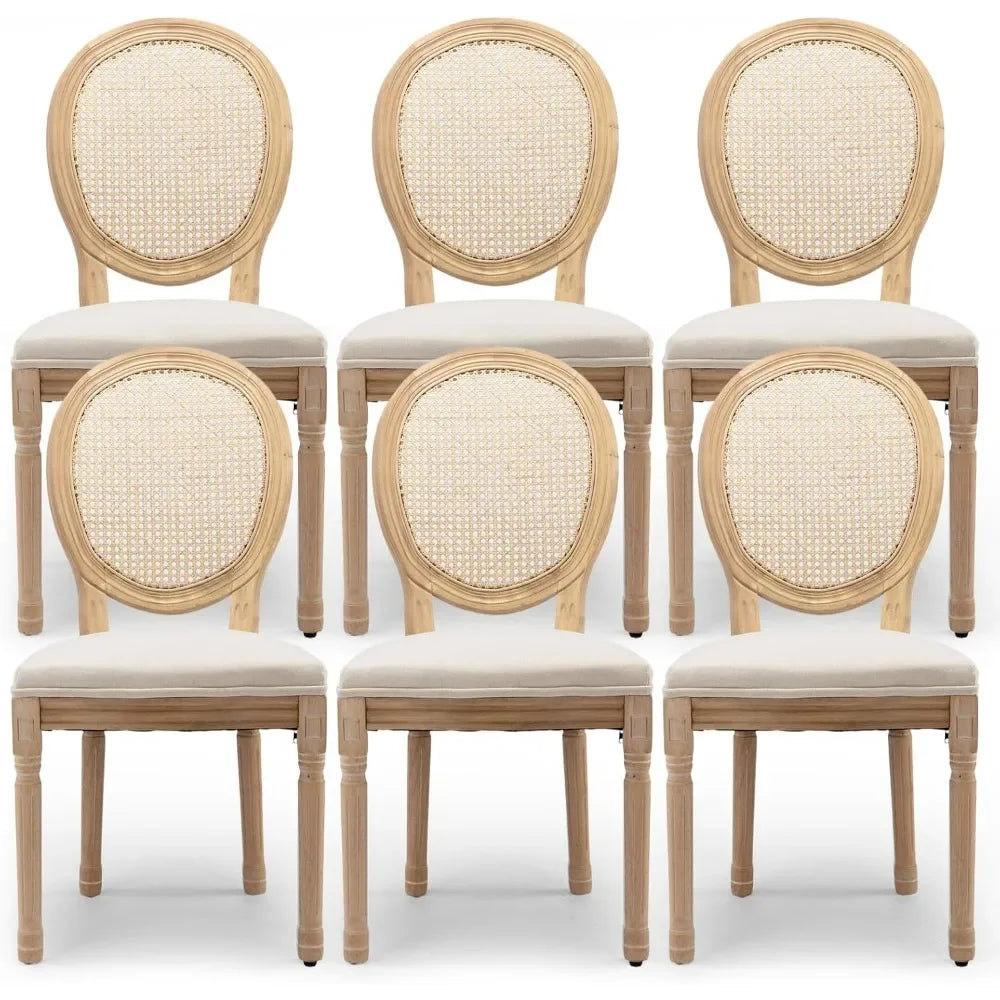 Dining Chairs Set of 6, Rattan Back Upholstered French Country