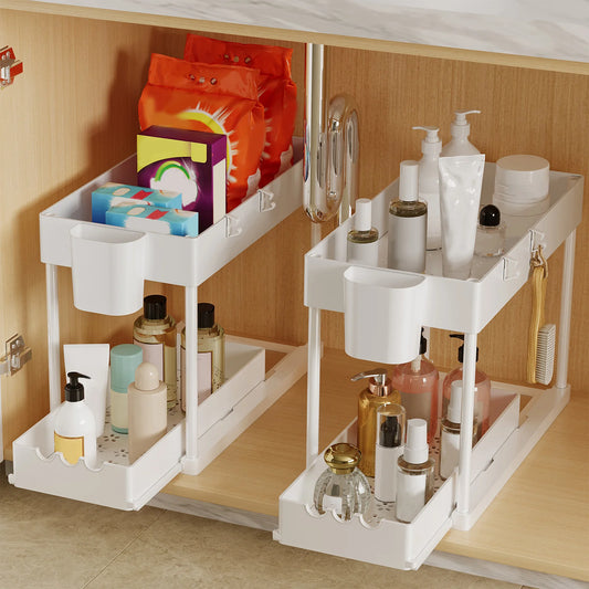 2Pcs 2-Tier Sliding Cabinet Organizer, Pull-Out Under Sink Rack