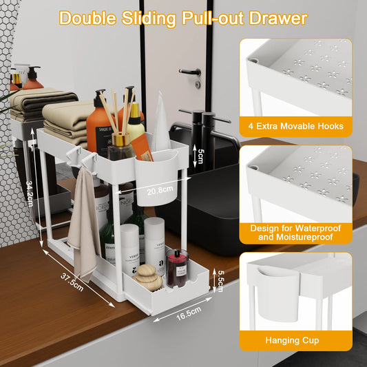 2Pcs 2-Tier Sliding Cabinet Organizer, Pull-Out Under Sink Rack