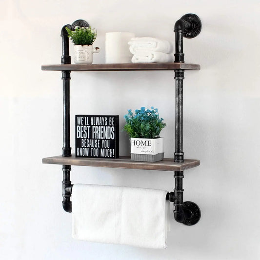 Wall Mounted Rustic Wood Shelf with Towel Bar