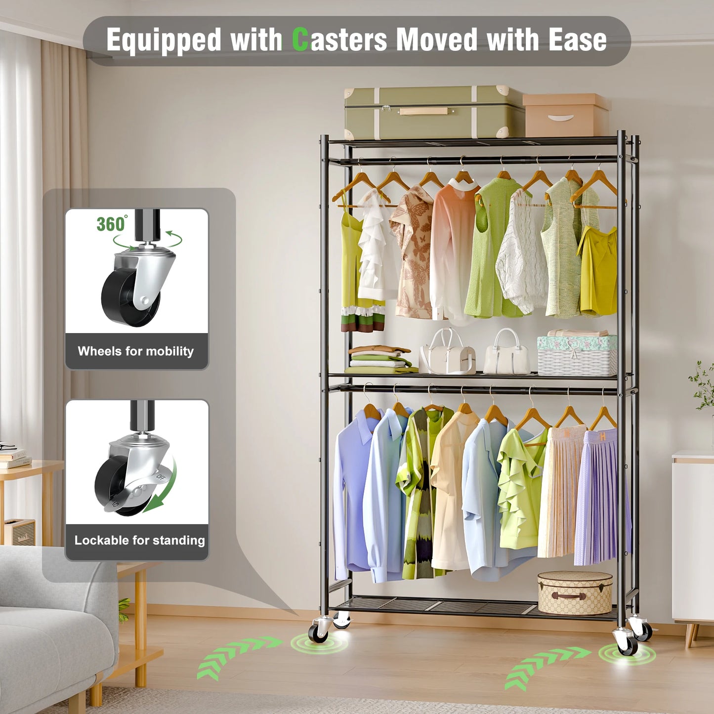 Rolling Clothes Rack with Double Rods & 3 Wire Shelves