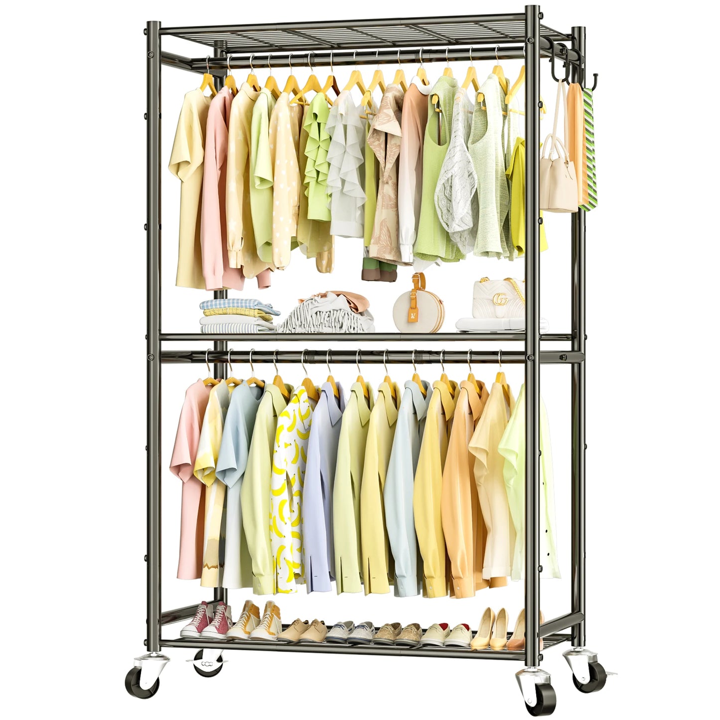 Rolling Clothes Rack with Double Rods & 3 Wire Shelves