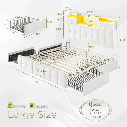 Queen, Full Bed Frame with 4 Drawers and Upholstered Headboard, Built in Charging Station & LED Lights