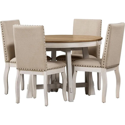 5-Piece Dining Table Wood Round Extendable 4 Upholstered Dining Chairs