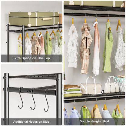 Rolling Clothes Rack with Double Rods & 3 Wire Shelves