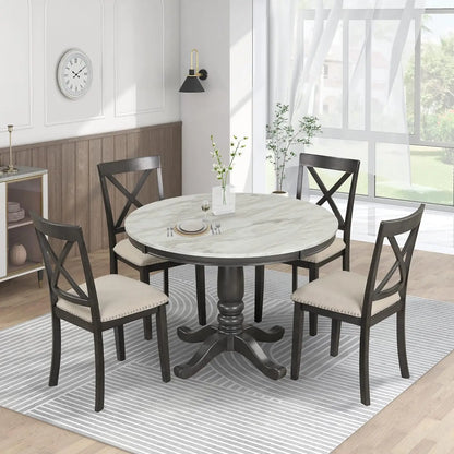 5-Piece Dining Table Wood Round Extendable 4 Upholstered Dining Chairs