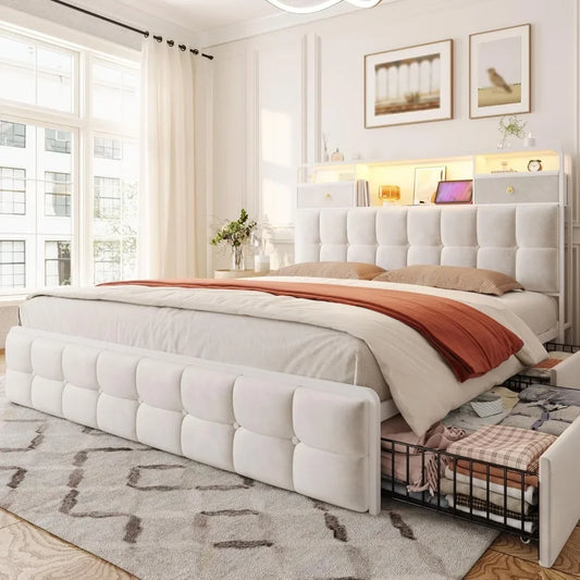 Queen, Full Bed Frame with 4 Drawers and Upholstered Headboard, Built in Charging Station & LED Lights
