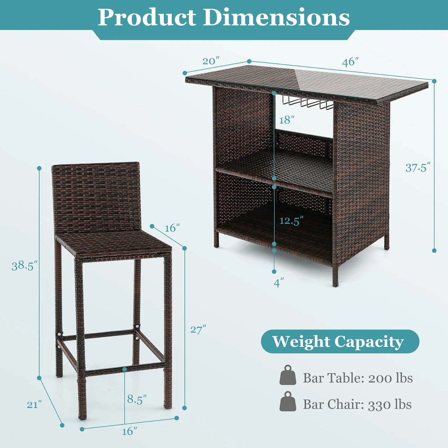 Patio 3PCS Wicker Bar Set
