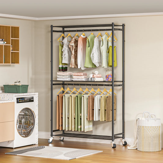 Rolling Clothes Rack with Double Rods & 3 Wire Shelves