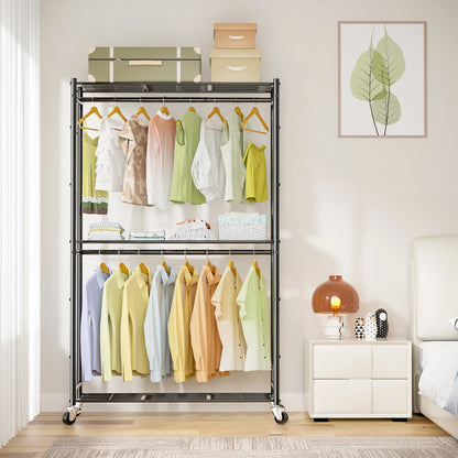 Rolling Clothes Rack with Double Rods & 3 Wire Shelves