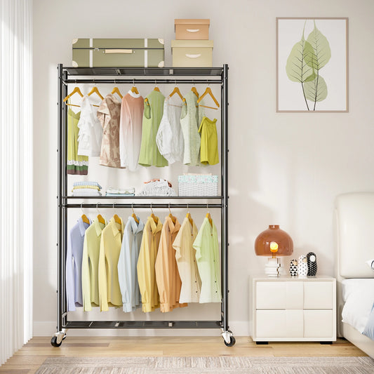 Rolling Clothes Rack with Double Rods & 3 Wire Shelves