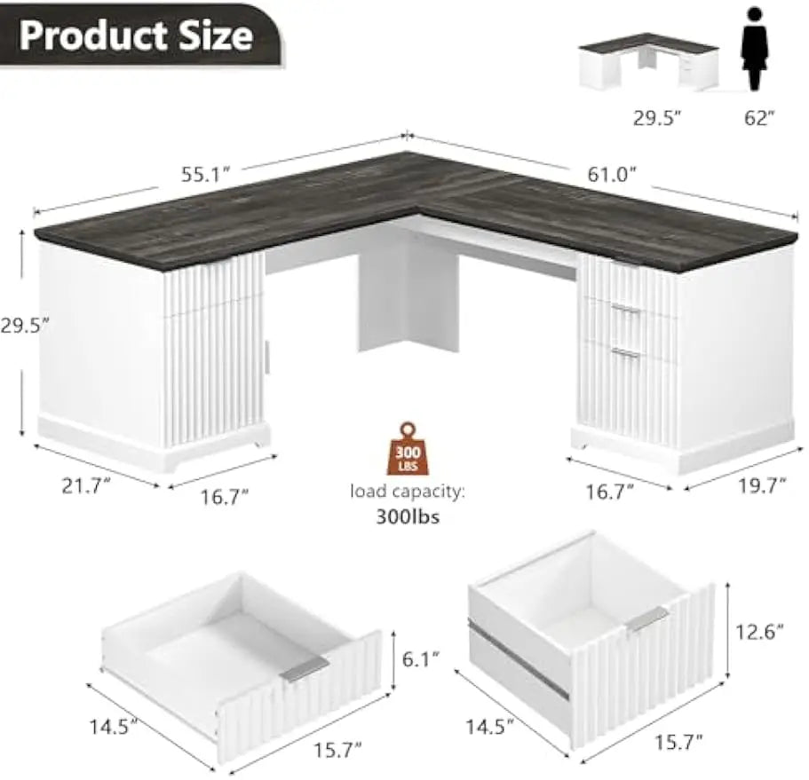 White Corner Desk with File Drawers & Storage Cabinet