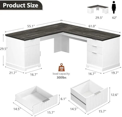 White Corner Desk with File Drawers & Storage Cabinet