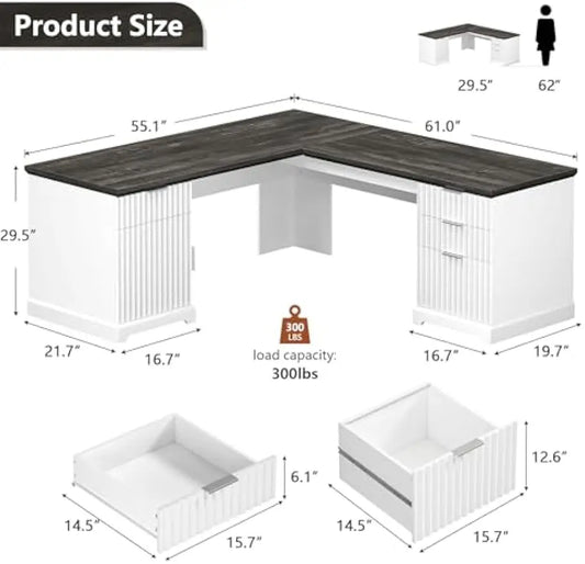 White Corner Desk with File Drawers & Storage Cabinet