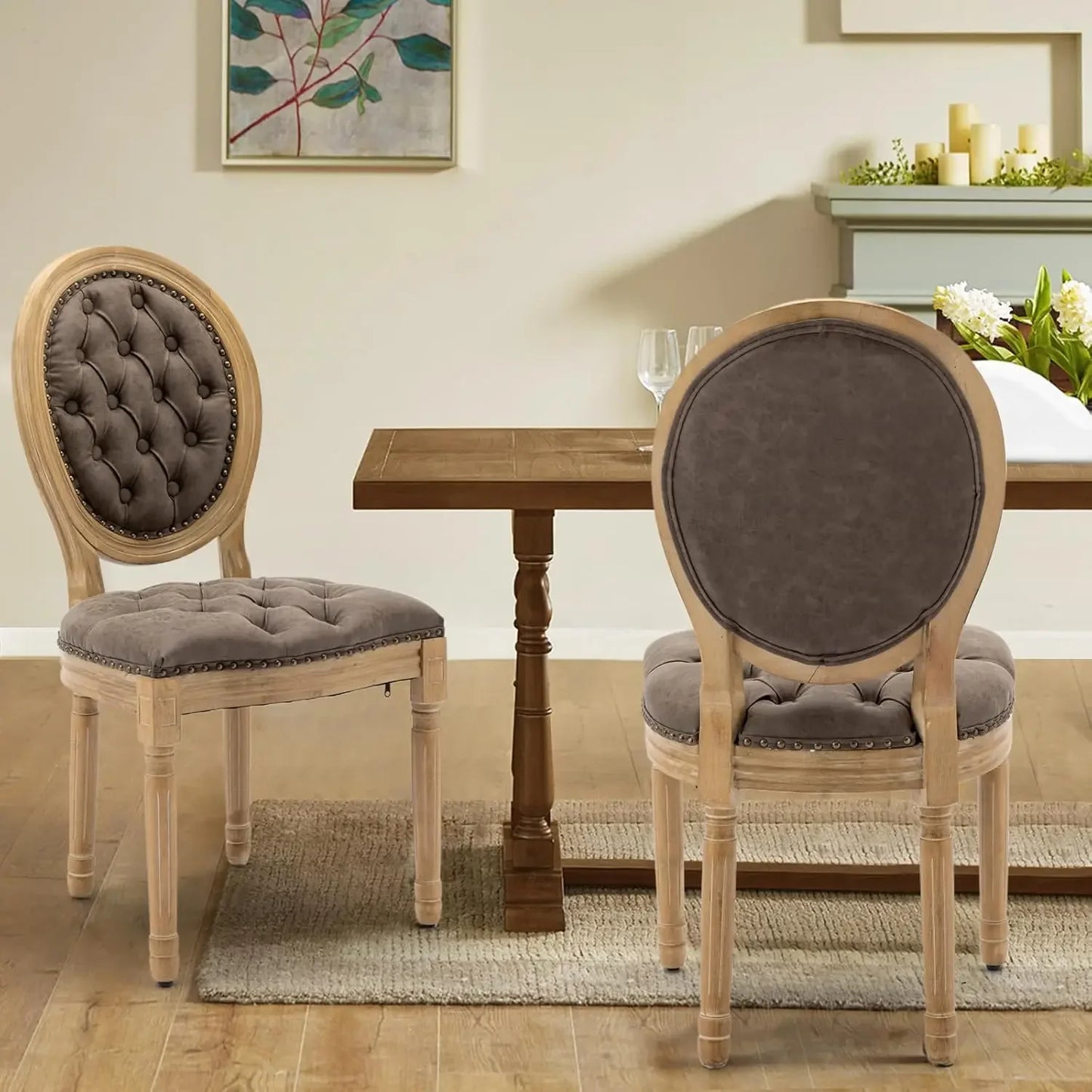Dining Chairs Set of 6, Rattan Back Upholstered French Country