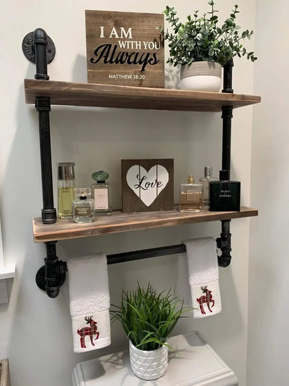 Wall Mounted Rustic Wood Shelf with Towel Bar