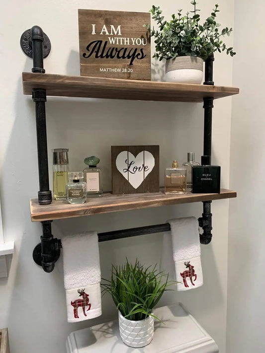 Wall Mounted Rustic Wood Shelf with Towel Bar