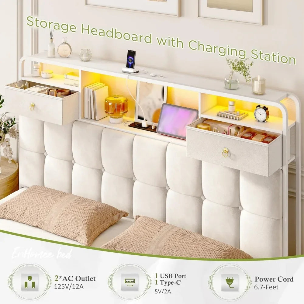 Queen, Full Bed Frame with 4 Drawers and Upholstered Headboard, Built in Charging Station & LED Lights