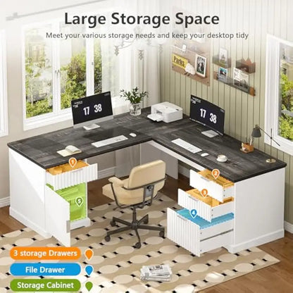 White Corner Desk with File Drawers & Storage Cabinet