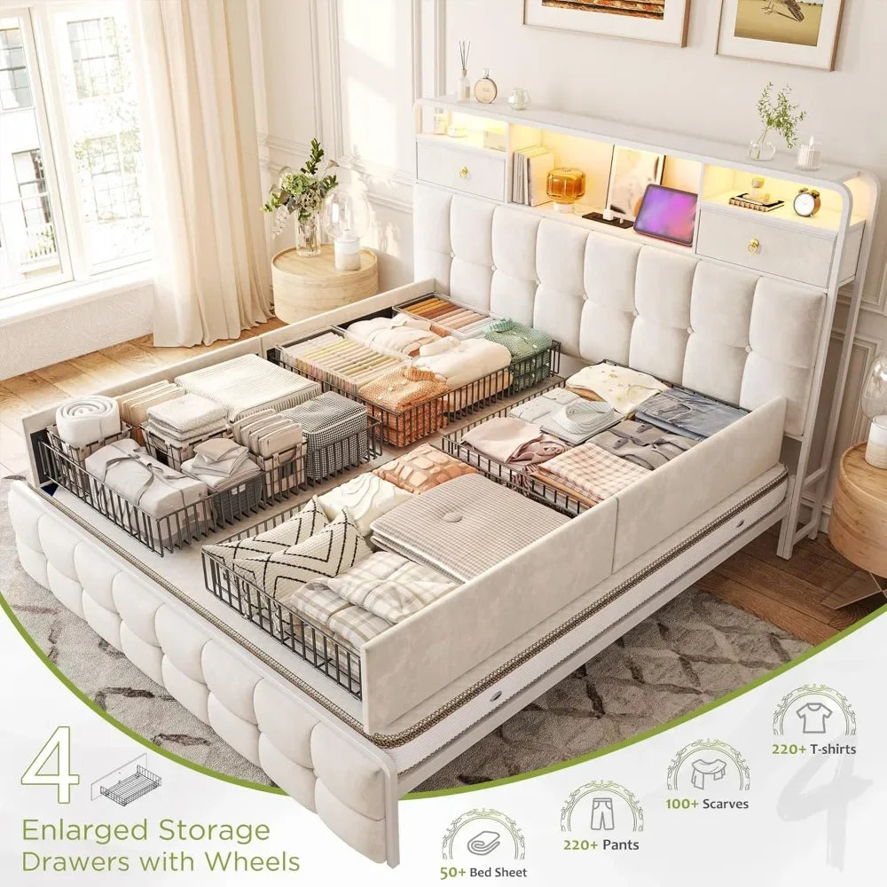Queen, Full Bed Frame with 4 Drawers and Upholstered Headboard, Built in Charging Station & LED Lights