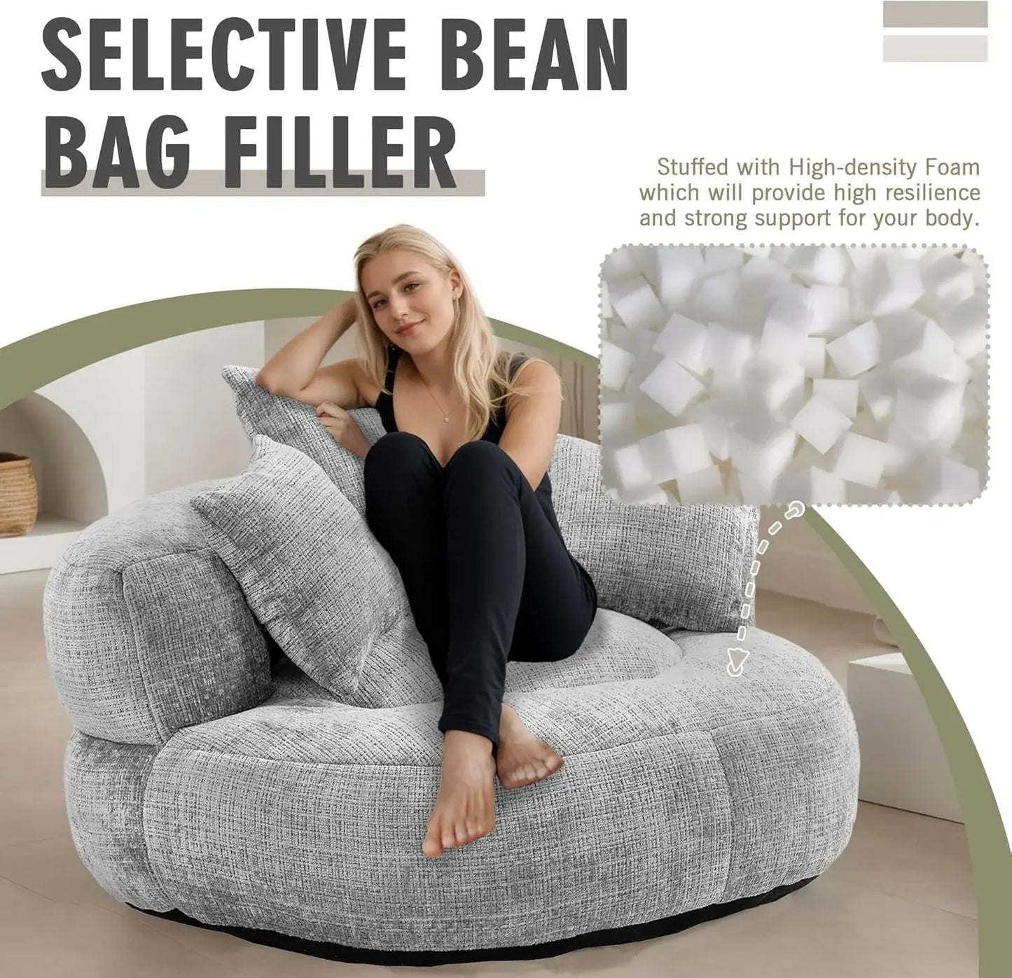 Large Beanbag Chair, Chenille Upholstered