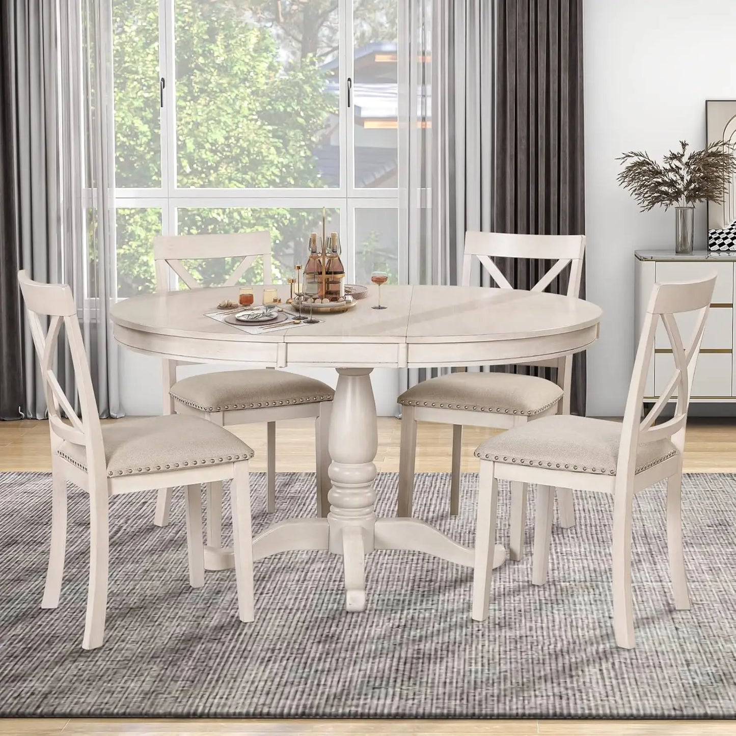 5-Piece Dining Table Wood Round Extendable 4 Upholstered Dining Chairs