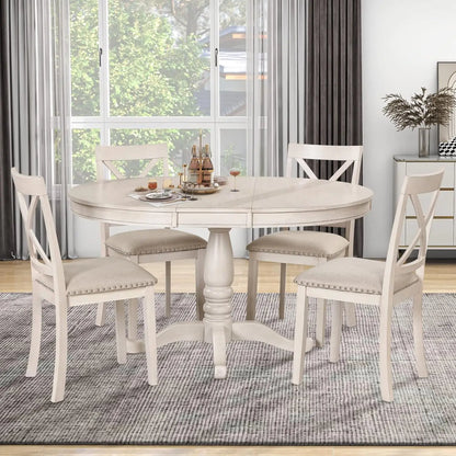 5-Piece Dining Table Wood Round Extendable 4 Upholstered Dining Chairs