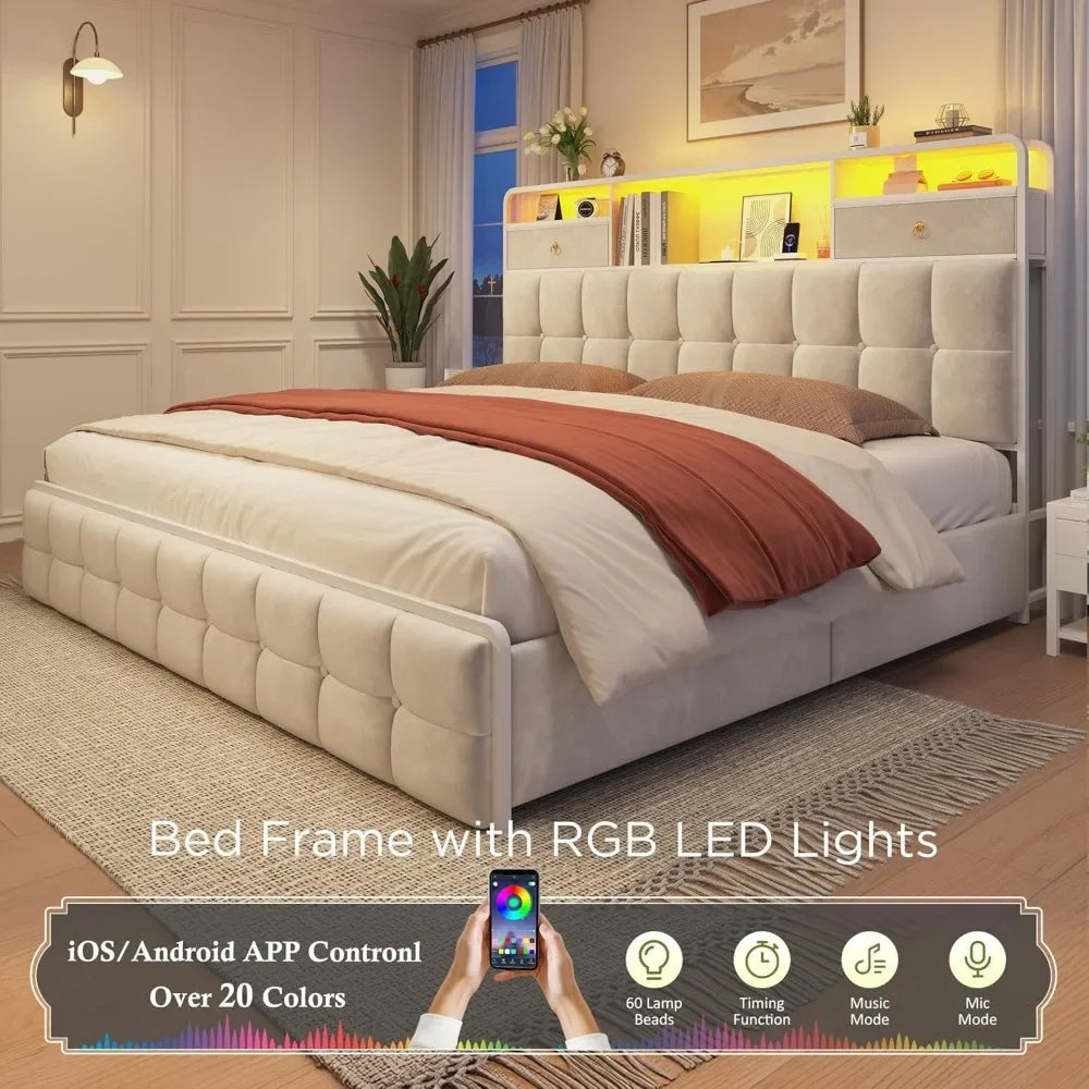 Queen, Full Bed Frame with 4 Drawers and Upholstered Headboard, Built in Charging Station & LED Lights