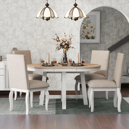 5-Piece Dining Table Wood Round Extendable 4 Upholstered Dining Chairs