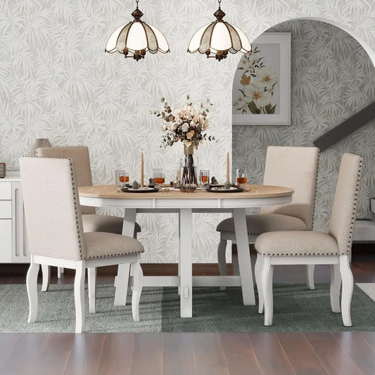 5-Piece Dining Table Wood Round Extendable 4 Upholstered Dining Chairs