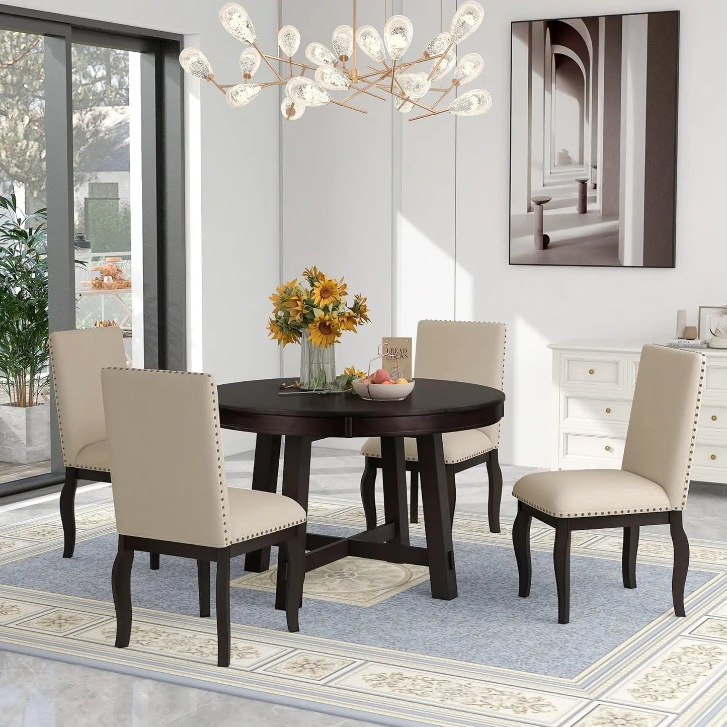 5-Piece Dining Table Wood Round Extendable 4 Upholstered Dining Chairs