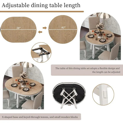 5-Piece Dining Table Wood Round Extendable 4 Upholstered Dining Chairs