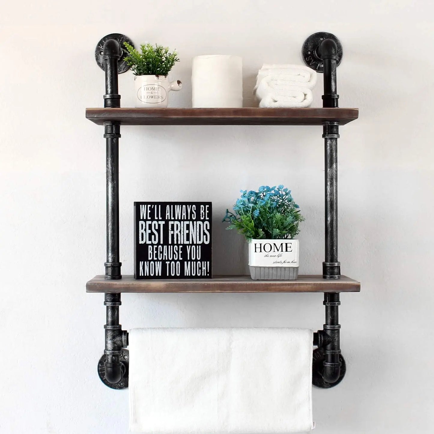 Wall Mounted Rustic Wood Shelf with Towel Bar
