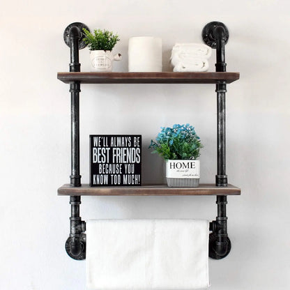 Wall Mounted Rustic Wood Shelf with Towel Bar