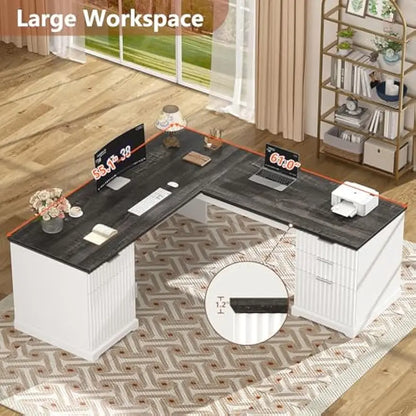 White Corner Desk with File Drawers & Storage Cabinet