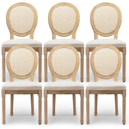 Dining Chairs Set of 6, Rattan Back Upholstered French Country
