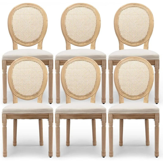 Dining Chairs Set of 6, Rattan Back Upholstered French Country
