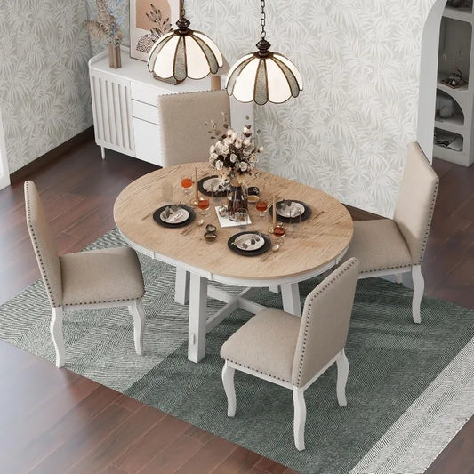 5-Piece Dining Table Wood Round Extendable 4 Upholstered Dining Chairs