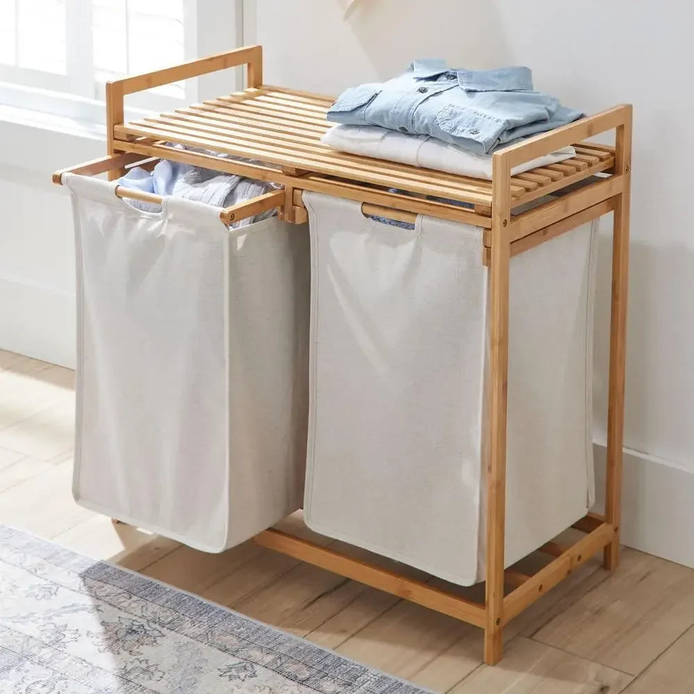 Bamboo Rectangular Laundry Sorter with Liner Bags