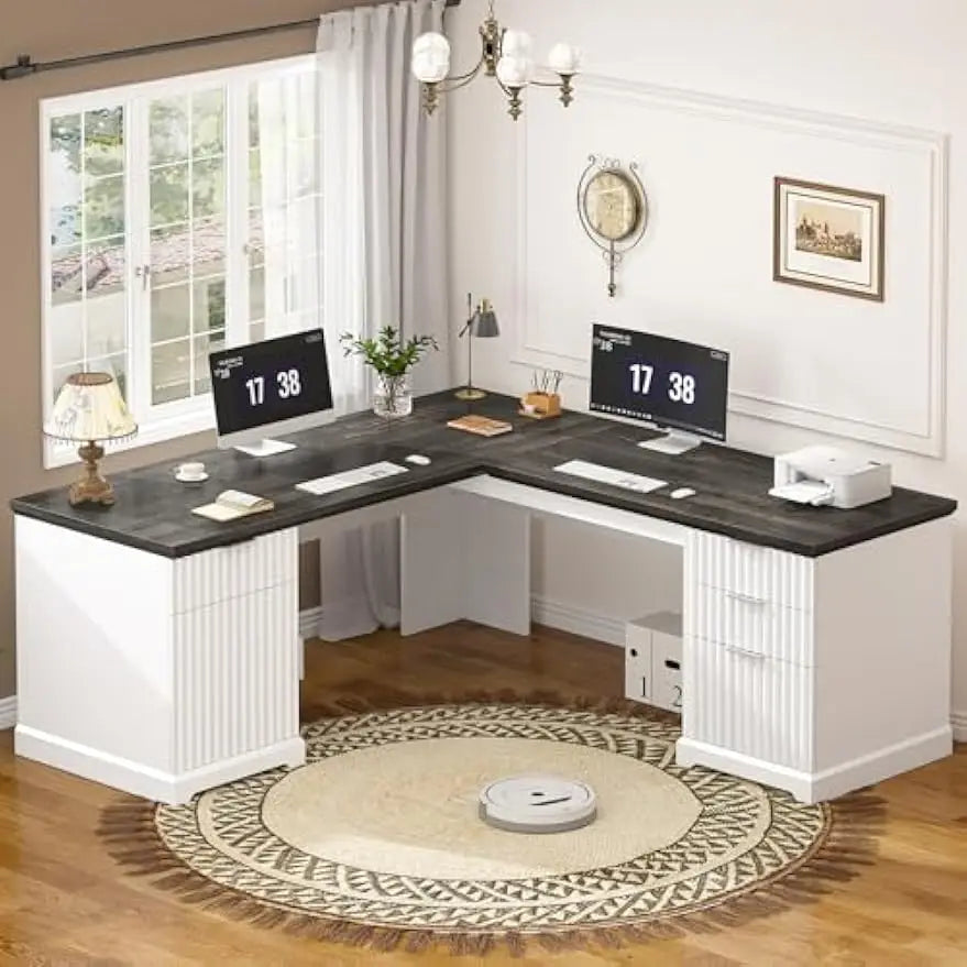 White Corner Desk with File Drawers & Storage Cabinet