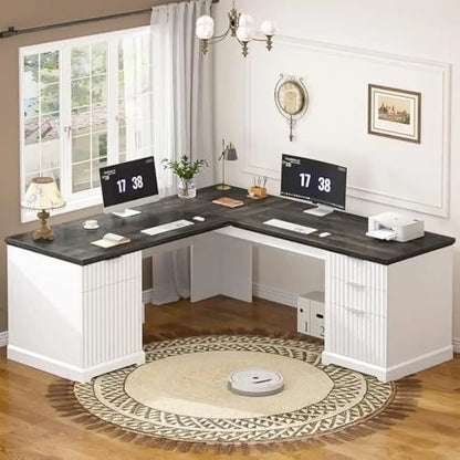 White Corner Desk with File Drawers & Storage Cabinet