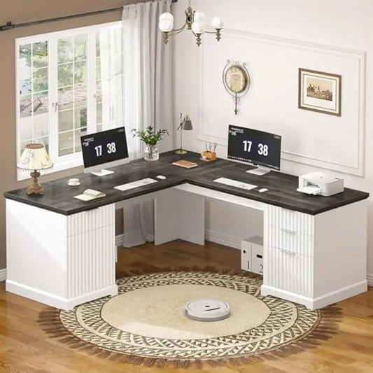 White Corner Desk with File Drawers & Storage Cabinet