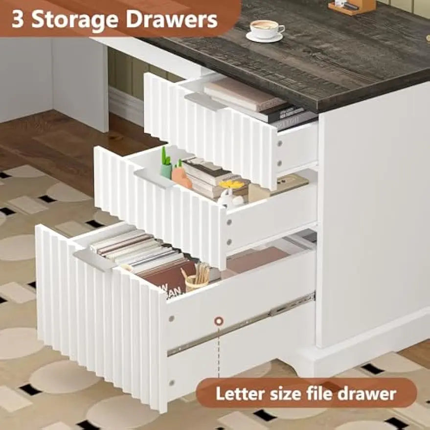 White Corner Desk with File Drawers & Storage Cabinet